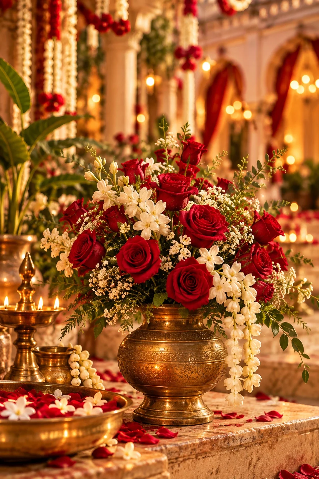 Red and ivory flowers in a brass vase