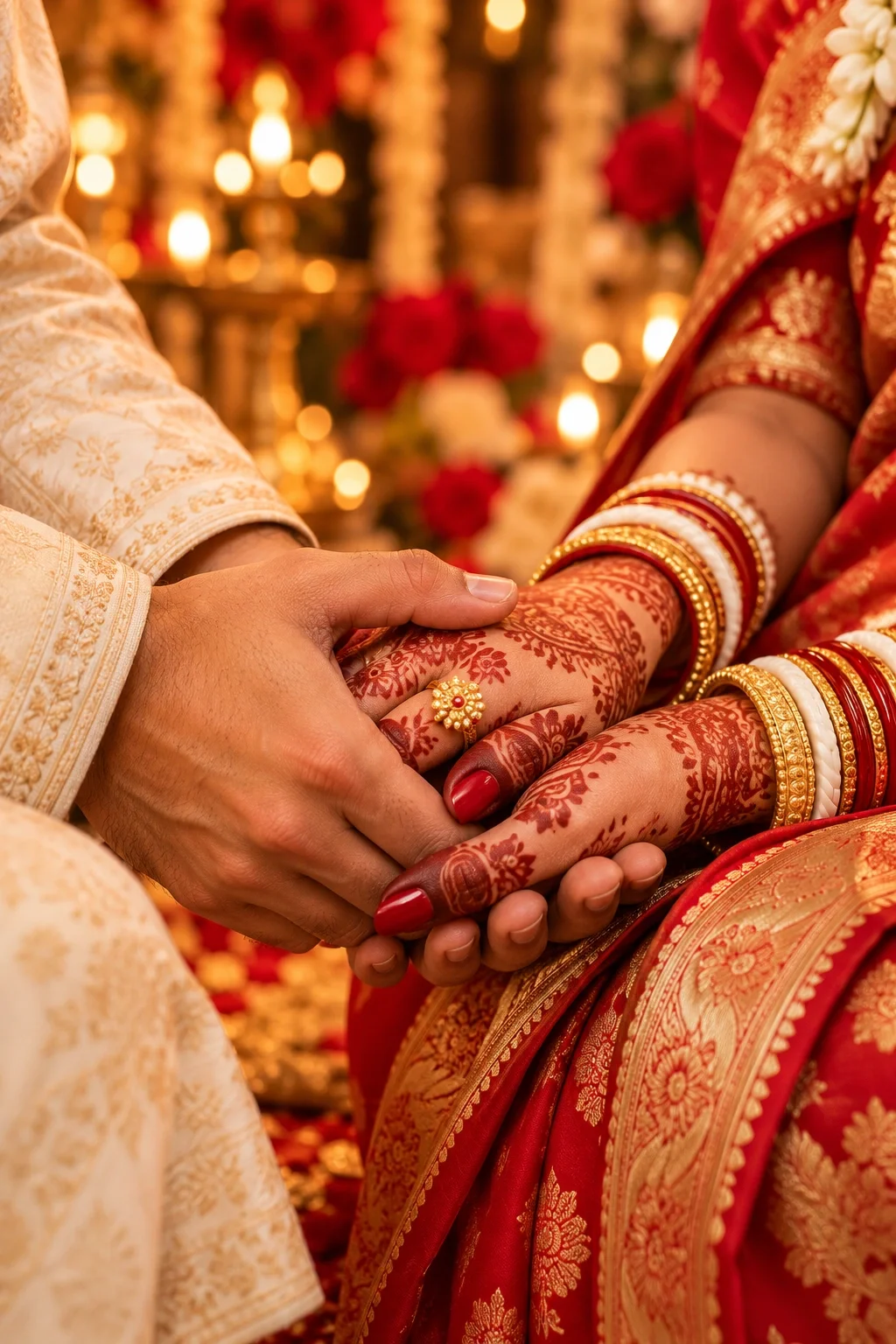 Henna-decorated hands clasped together with red and gold bangles