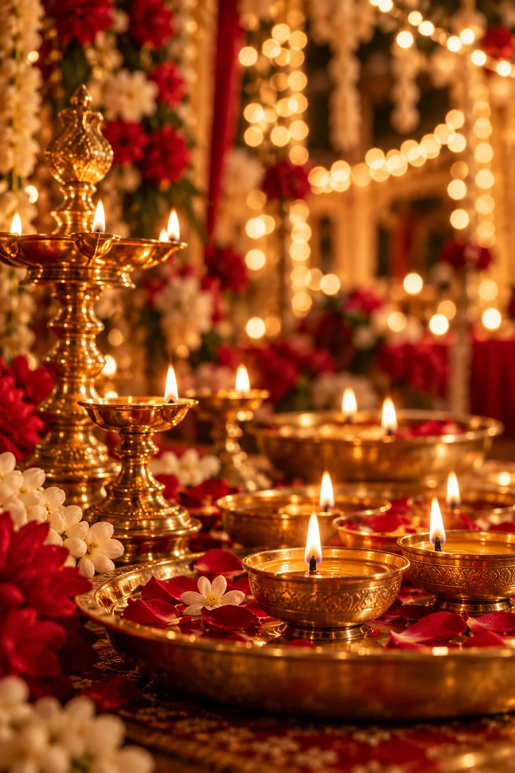Small oil lamps glowing beside wedding flowers