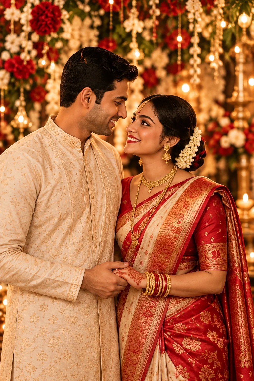Ishani and Arko sharing a smile beneath flowers and warm wedding lights