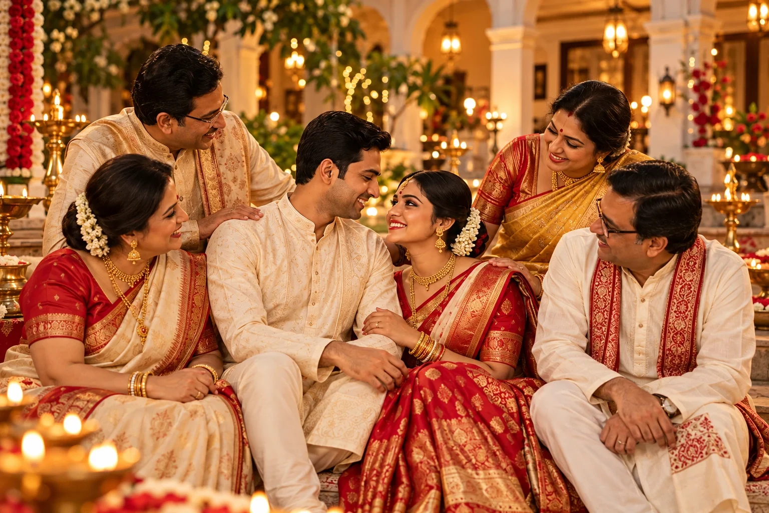 Loved ones gathered around the couple