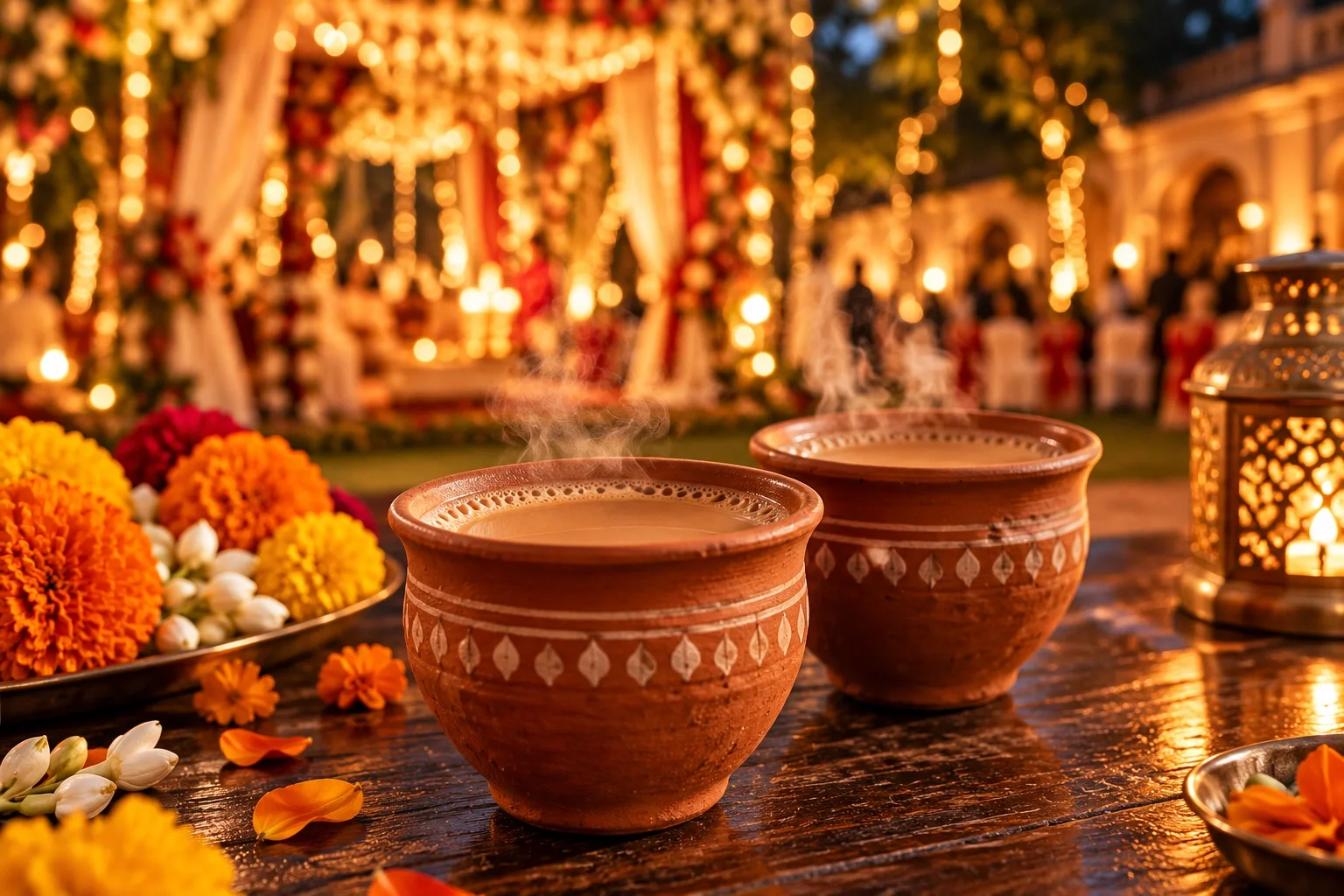 Clay cups of tea on a warmly lit table