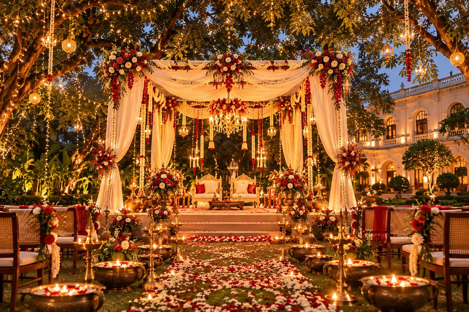 An imagined wedding garden with a floral canopy