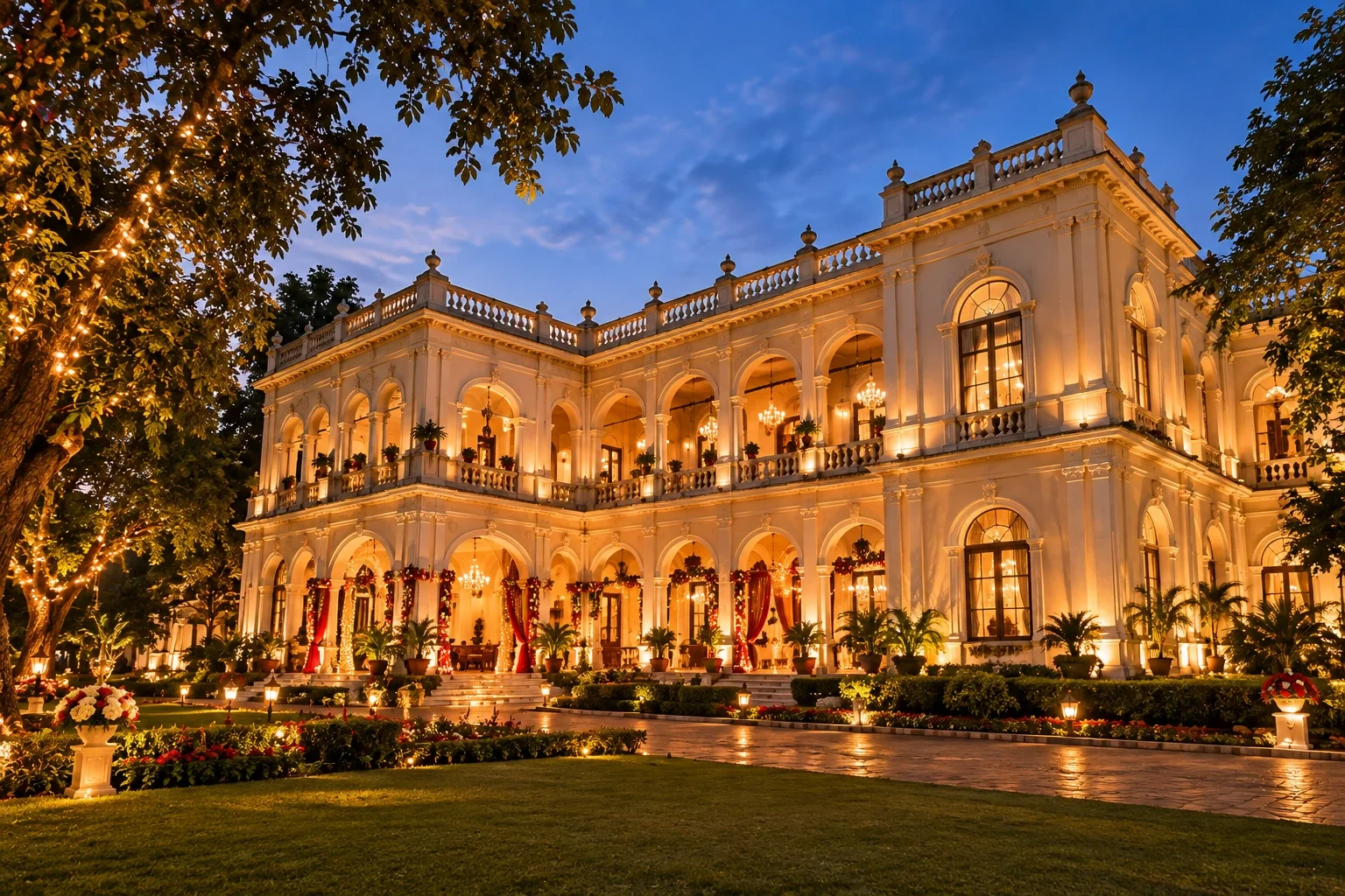 An imagined heritage wedding venue lit at dusk